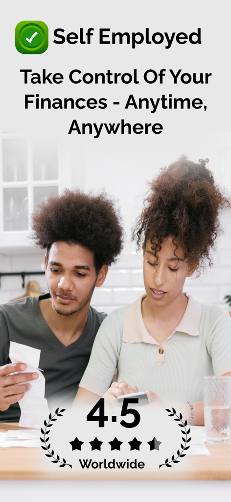 A couple reviewing business receipts and using a mobile app for financial management with a 4.5 worldwide rating.