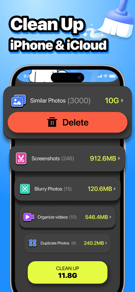 ZooZip App-Dashboard mit Kategorien zur Bereinigung ähnlicher Fotos, Screenshots und unscharfer Bilder auf dem iPhone.