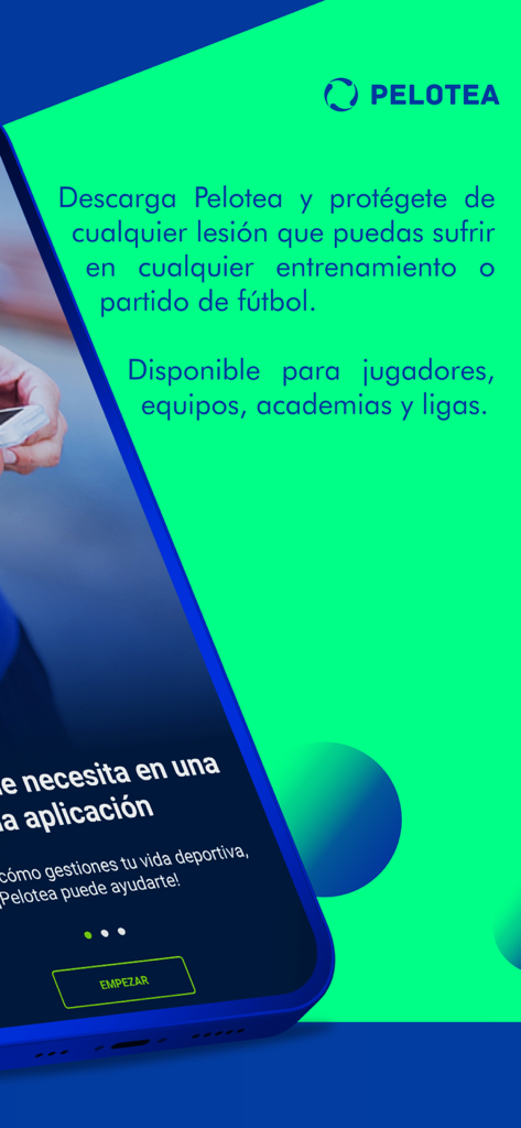 Pelotea - Pelotea soccer app screen in Spanish showing injury protection and management features