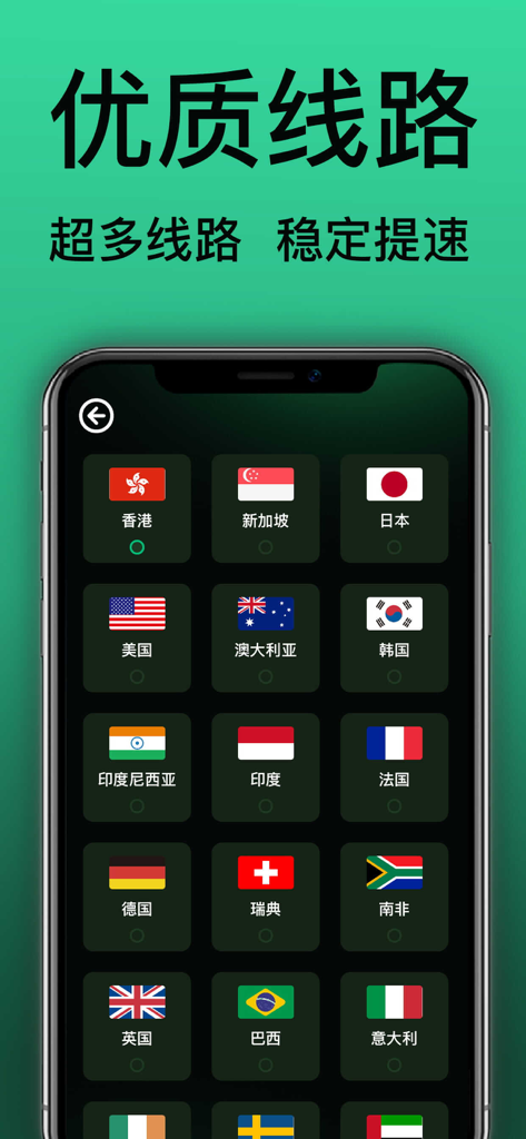 西柚加速器-网络加速专家 - Xiyou Accelerator mobile interface showing a list of global server locations and national flags for network acceleration