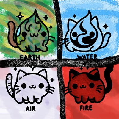4 cats that represent the different elements, earth, water, air, and fire