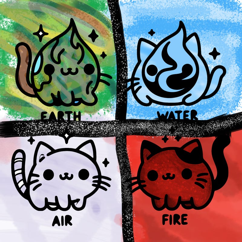 4 cats that represent the different elements, earth, water, air, and fire