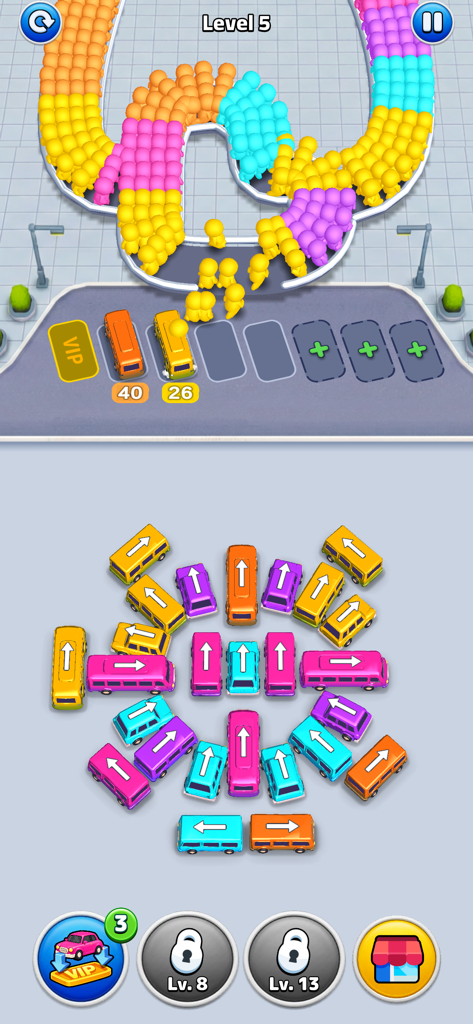 Bus Rush Fever! - Captura de tela da jogabilidade de Bus Rush Fever mostrando passageiros coloridos embarcando em ônibus e um puzzle circular de congestionamento de ônibus no estacionamento