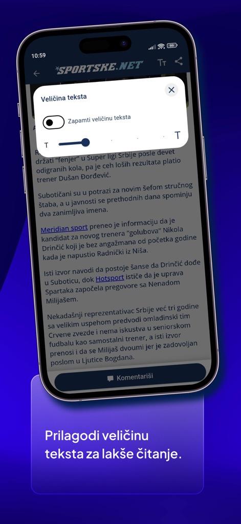 Sportske.net - Sportske.net mobile app showing the text size adjustment settings for easier article reading.