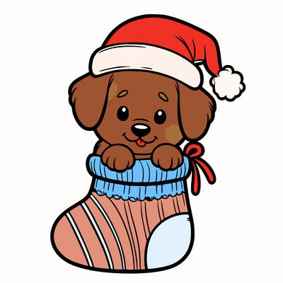 cute puppy wearing santa hat in socking