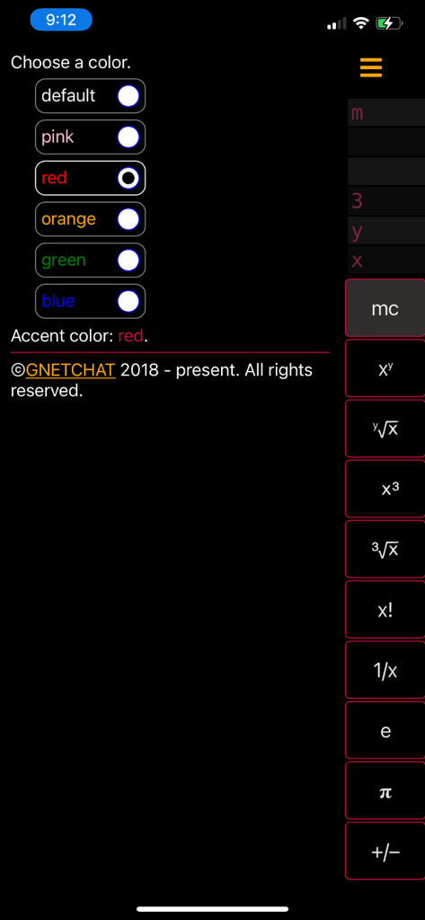 A color customization menu in the My RPN Calculator app allowing users to select different accent colors like red pink and green