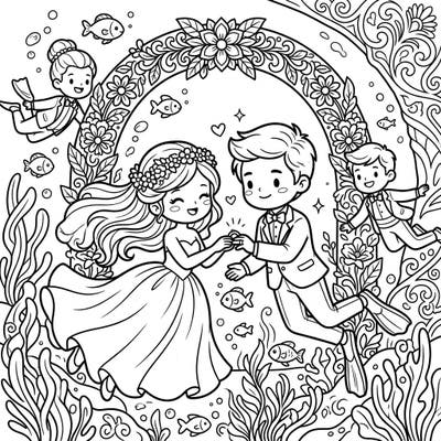 Embark on an enchanting coloring journey with our unique Swimmers Wedding page, featuring a charming underwater ceremony. This delightful scene brings together the joy of a wedding celebration with the whimsical world of aquatic adventure.