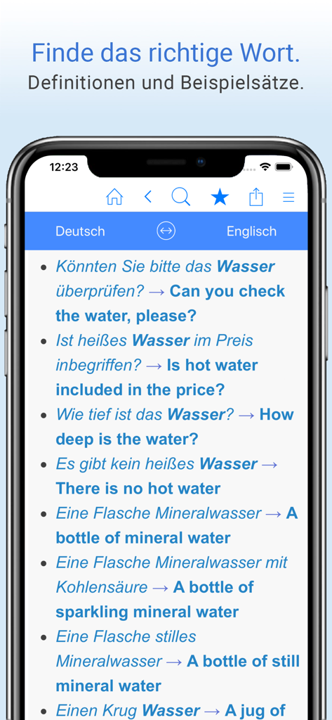 Deutsch-Englisch Wörterbuch. - German to English translation examples in a dictionary app.