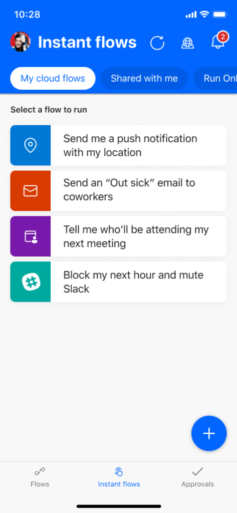 Mobile App-Oberfläche von Microsoft Power Automate mit einer Liste von Sofort-Flows zur schnellen Aufgabenausführung.