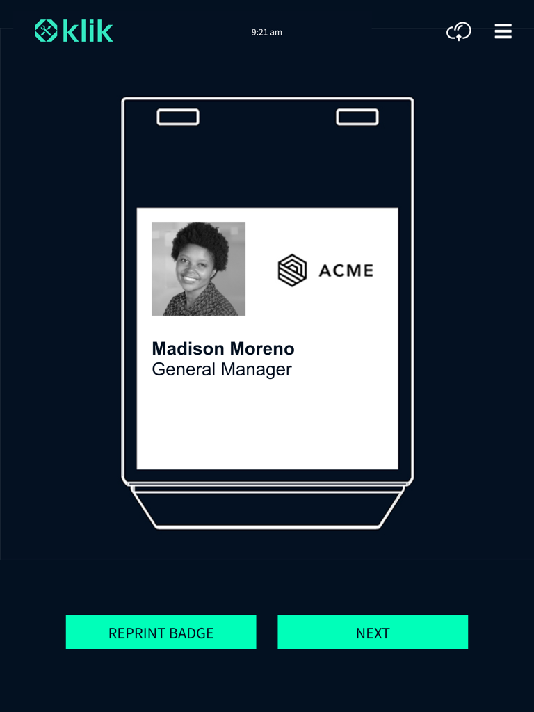 A digital preview of an event attendee badge showing the name Madison Moreno and company ACME on the Klik Technician App interface.