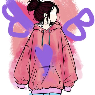 realistic girl with a oversized sweatshirt on and a bun