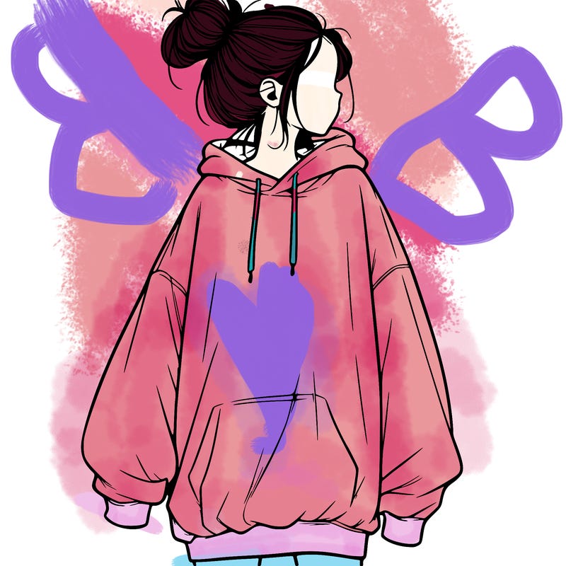 realistic girl with a oversized sweatshirt on and a bun
