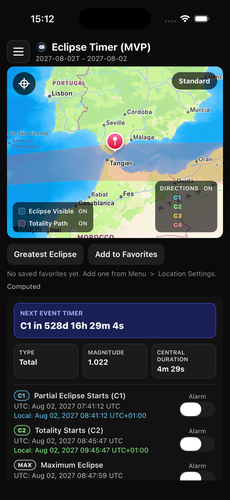 Eclipse Timer - Eclipse Timer app interface showing the totality path map and countdown to the 2027 solar eclipse.