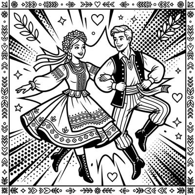 Immerse yourself in the vibrant world of folk dance blended with bold Pop Art energy. This captivating coloring page brings traditional movements to life with a modern, dynamic twist.