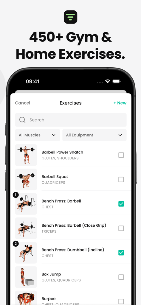 FitHero mobile app interface displaying a searchable list of gym and home exercises with muscle and equipment filters.