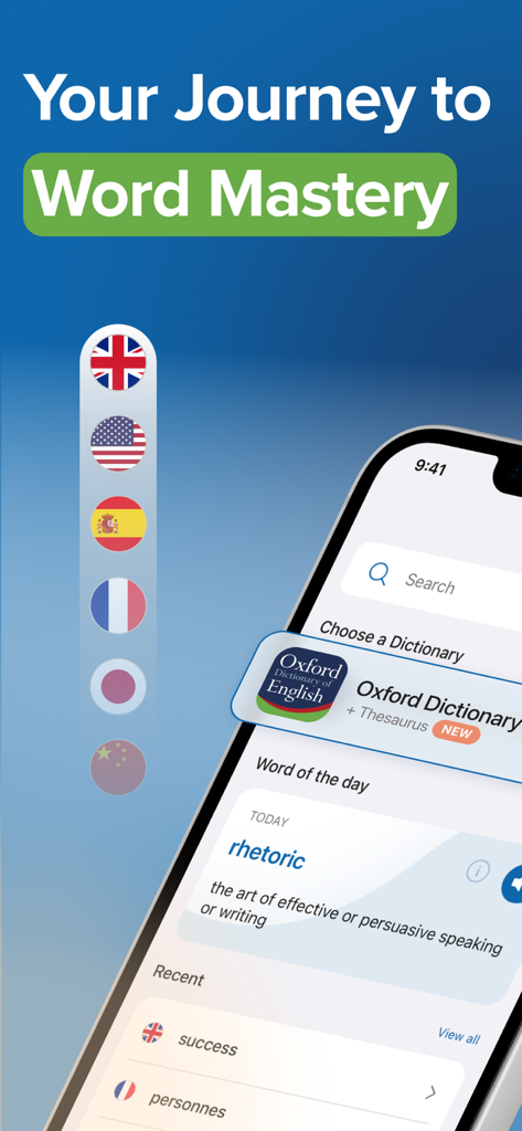 Oxford Dictionary and Thesaurus app screen showing Word of the Day feature and international flags for multiple language support