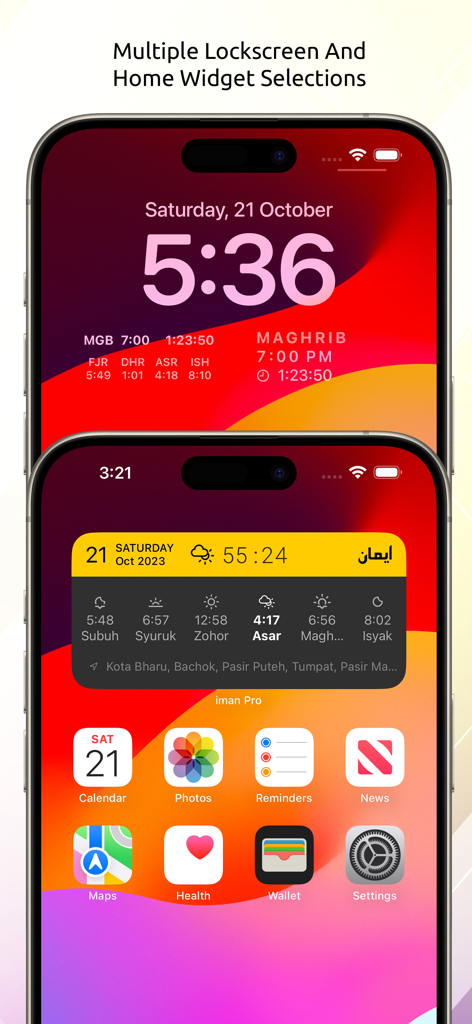 iman Pro app displaying prayer time widgets on iPhone lock screen and home screen