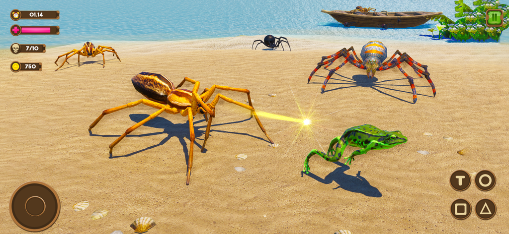 Wild Spider - Insect Simulator - Uma cena de jogo de simulador de aranha 3D com várias aranhas e um sapo em uma praia arenosa.