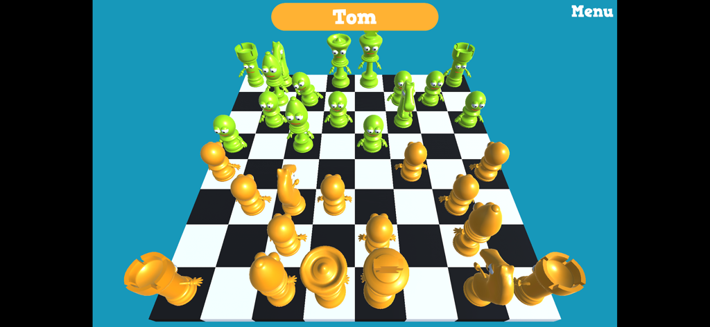 Un échiquier 3D dans Awesome Chess avec des pièces de caractères vertes et dorées animées