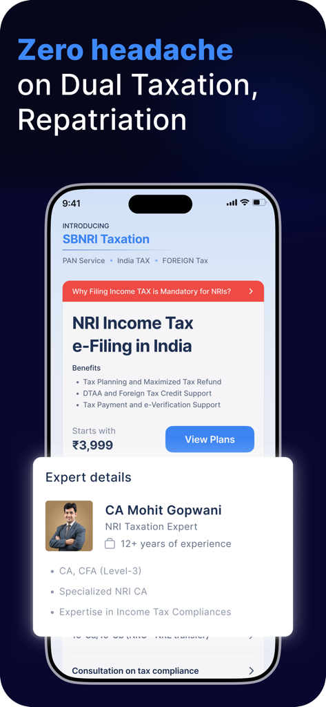 SBNRI: NRI Mutual Fund & SIPs - SBNRI app screen for NRI income tax e-filing and expert taxation support in India