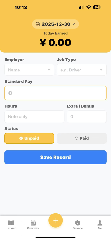 Gig Daily Wage Tracker - Interface of the Gig Daily Wage Tracker app showing the form to record a new income entry with fields for employer job type and pay