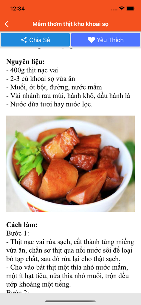 Mobile screen showing a Vietnamese recipe for braised pork with taro including ingredients and cooking steps