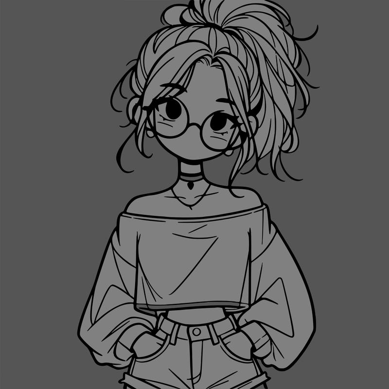 girl with a messy ponytail glasses a baggy crop top and jean shorts