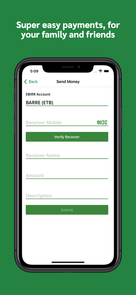 Ebirr - Ebirr mobile app interface for sending money to family and friends in Ethiopia