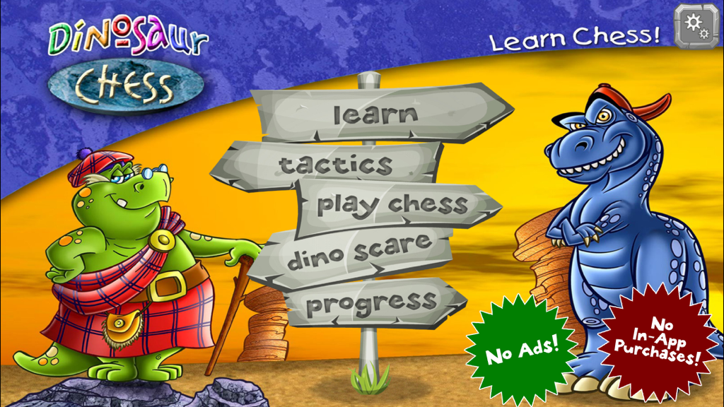 Dinosaur Chess: Learn to Play! - Main menu screen of Dinosaur Chess featuring cartoon dinosaurs and game options like learn and play chess