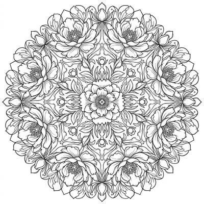 Discover the captivating beauty of Itoh peonies arranged in a stunning, symmetrical mandala. This intricate floral design offers a relaxing and engaging coloring experience for all ages.