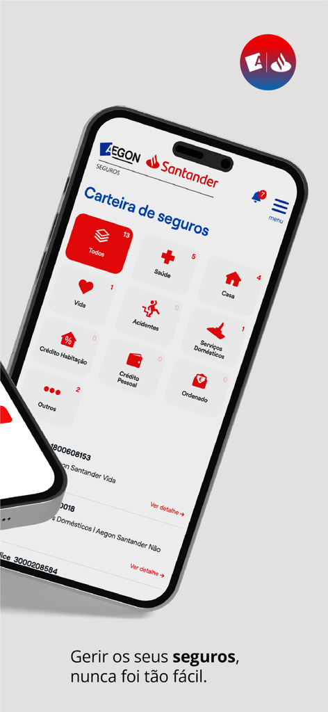 The MyAegonSantander app interface showing an insurance portfolio with categories for health home and life insurance