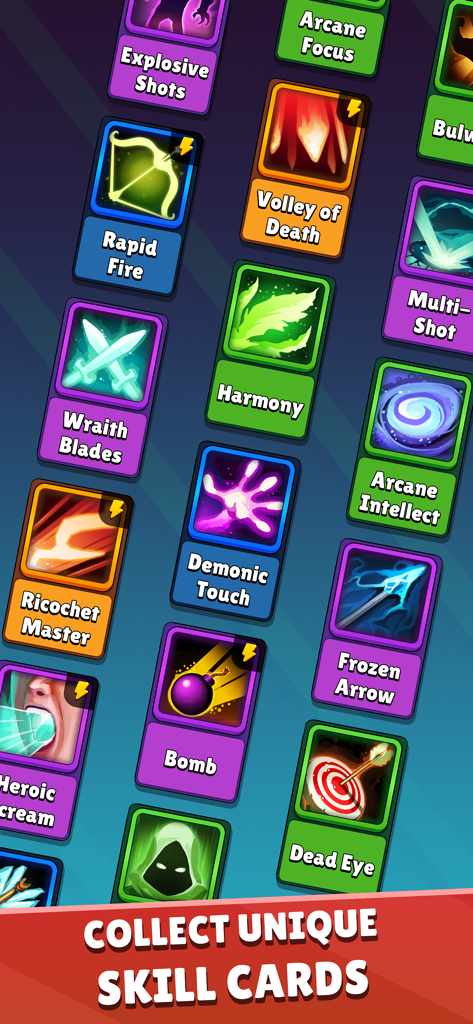 A collection of colorful skill cards for strategic upgrades in Idle Archer Tower Defense RPG