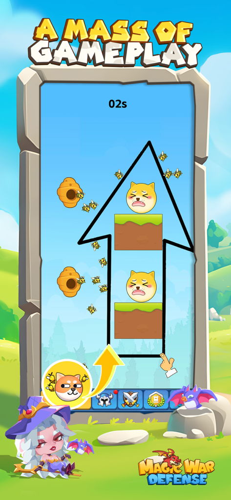 Magic War: Defense - Magic War Defenseゲームの「子犬を救え」パズルメカニックを示しているスクリーンショット。