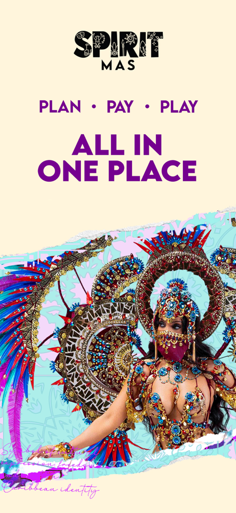 Spirit Mas - Spirit Mas app interface featuring a masquerader in a vibrant Caribbean Carnival costume