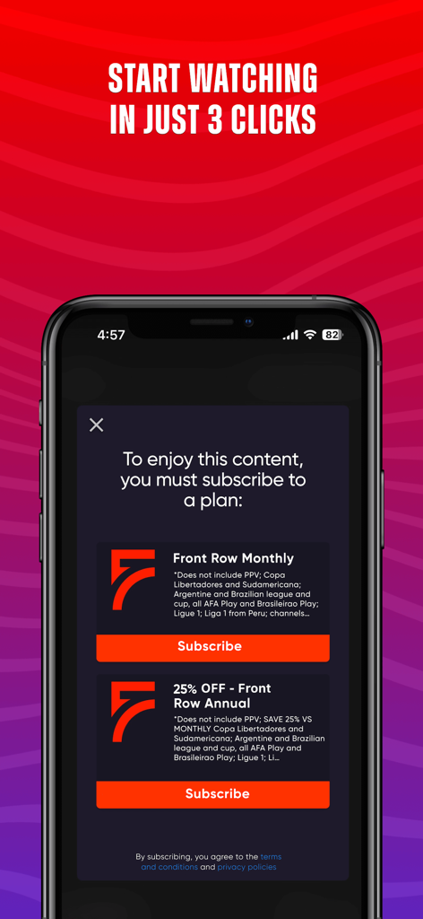 Fanatiz - Pantalla de suscripción de la aplicación Fanatiz mostrando planes mensuales y anuales de Primera Fila