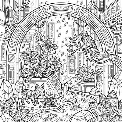 Unleash your creativity with this extraordinary coloring page featuring a fusion of cyberpunk aesthetics and the fresh feel of spring, complete with falling sleet. Discover cybernetic wildlife and futuristic flora awaiting your vibrant touch.