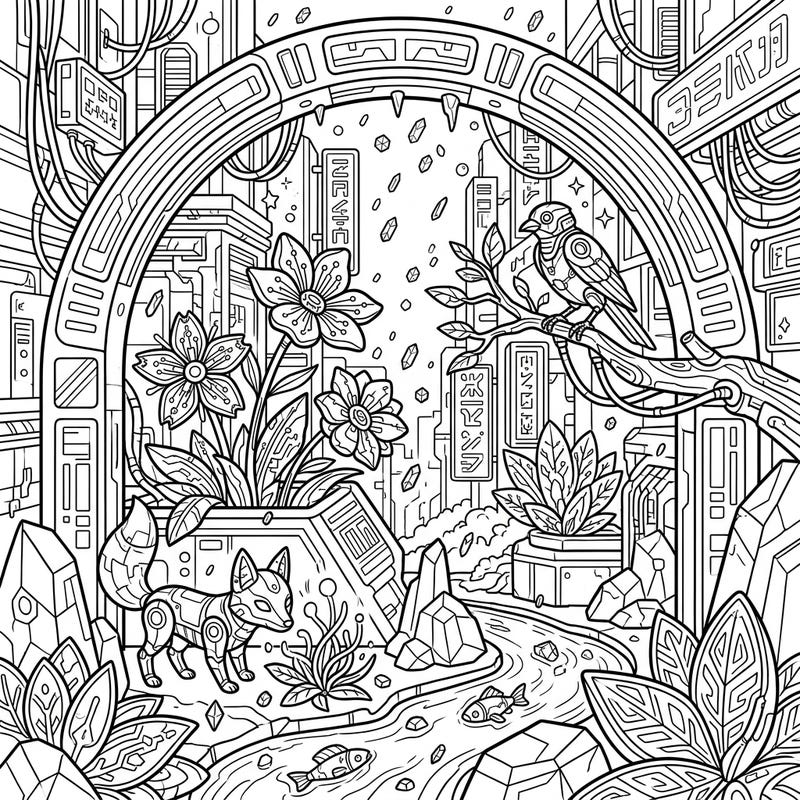 Unleash your creativity with this extraordinary coloring page featuring a fusion of cyberpunk aesthetics and the fresh feel of spring, complete with falling sleet. Discover cybernetic wildlife and futuristic flora awaiting your vibrant touch.