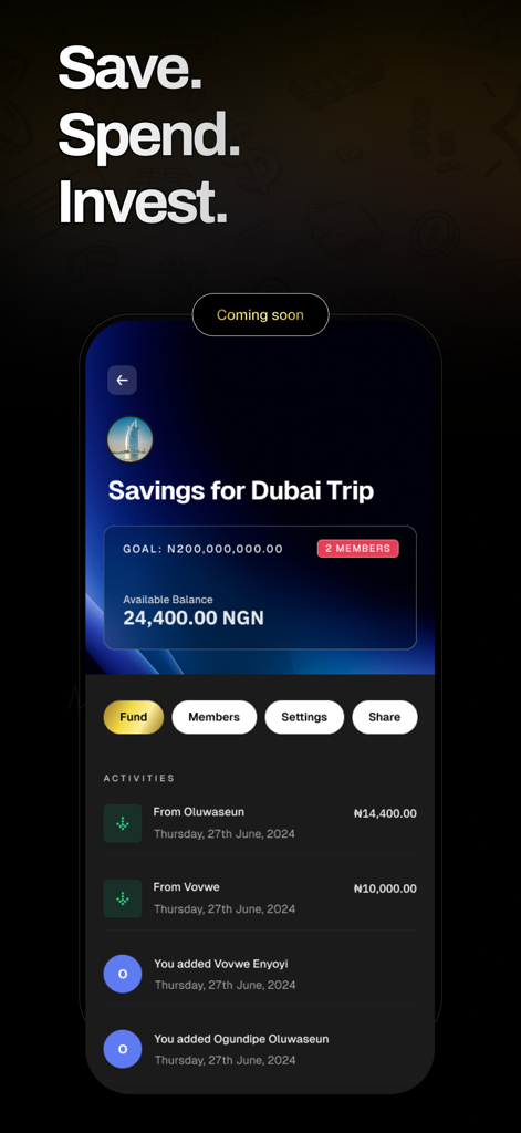 PocketMoni - Pantalla de la aplicación PocketMoni que muestra un objetivo de ahorro compartido para un viaje a Dubai con historial de transacciones