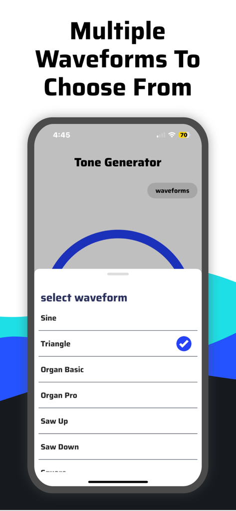 Smartphone screen showing multiple audio waveform options for tone generation in the Clear Wave app