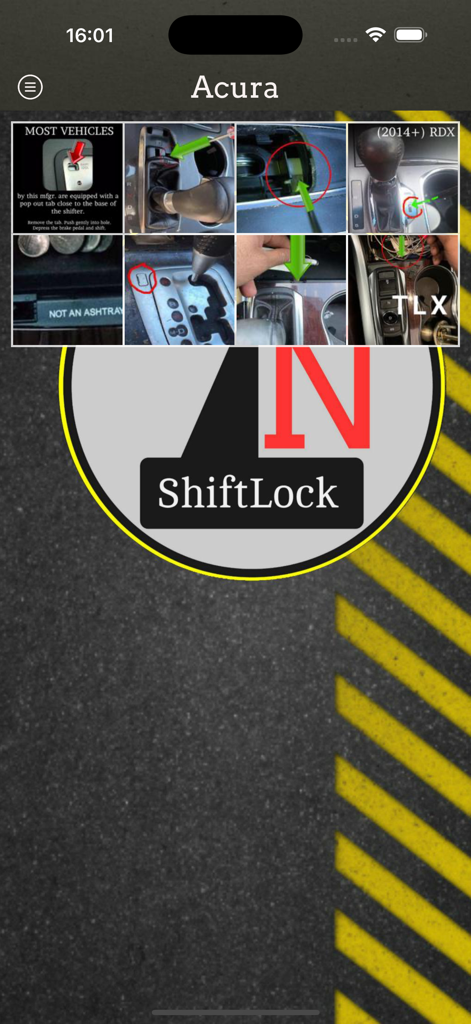 ShiftLock - ShiftLock app showing photo guides for Acura shift lock release locations