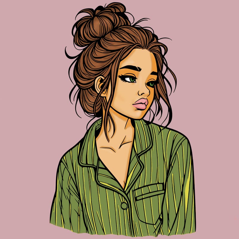 realistic woman with pajamas on and a messy bun