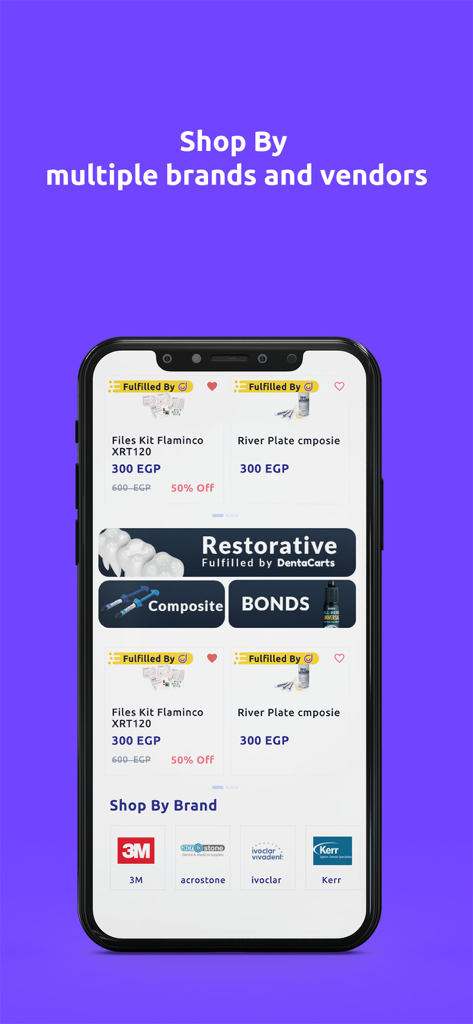 DentaCarts - DentaCarts app interface showing dental supplies catalog with brands like 3M and Kerr