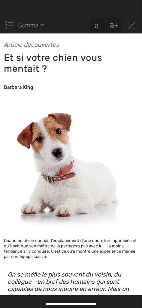 Cerveau & Psycho - An article about dog behavior and psychology within the Cerveau and Psycho mobile app interface.