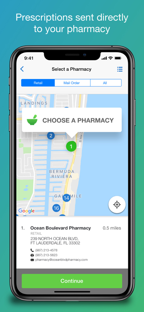 Écran de l'application Amwell montrant une interface cartographique pour sélectionner une pharmacie locale pour la livraison de médicaments.