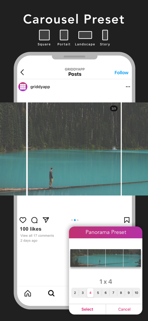 Interfaccia dell'app Griddy Pro che mostra una foto panoramica divisa in un preset per carosello Instagram 1x4.