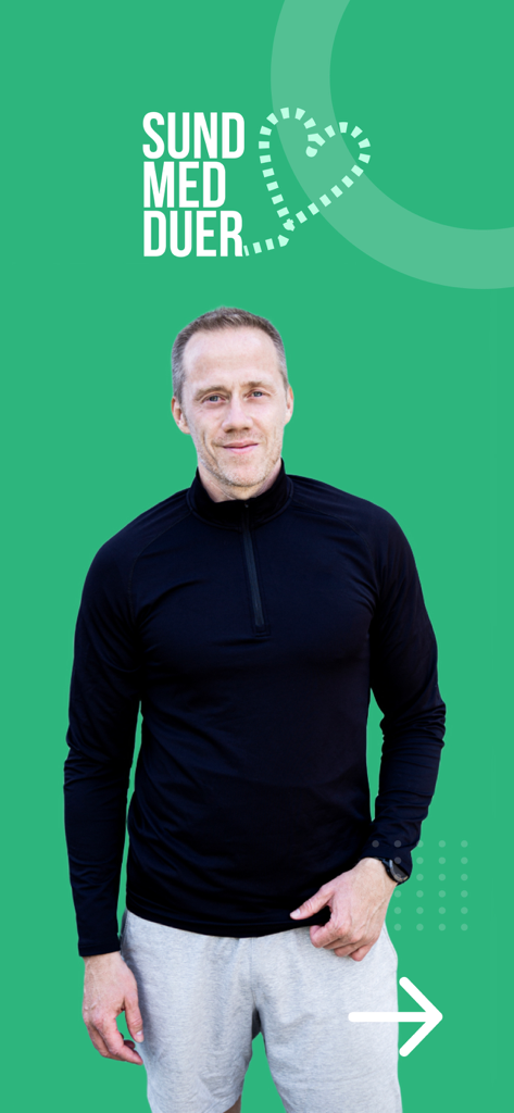 Sund med Duer - O especialista em fitness Henrik Duer em frente ao logotipo do aplicativo Sund med Duer