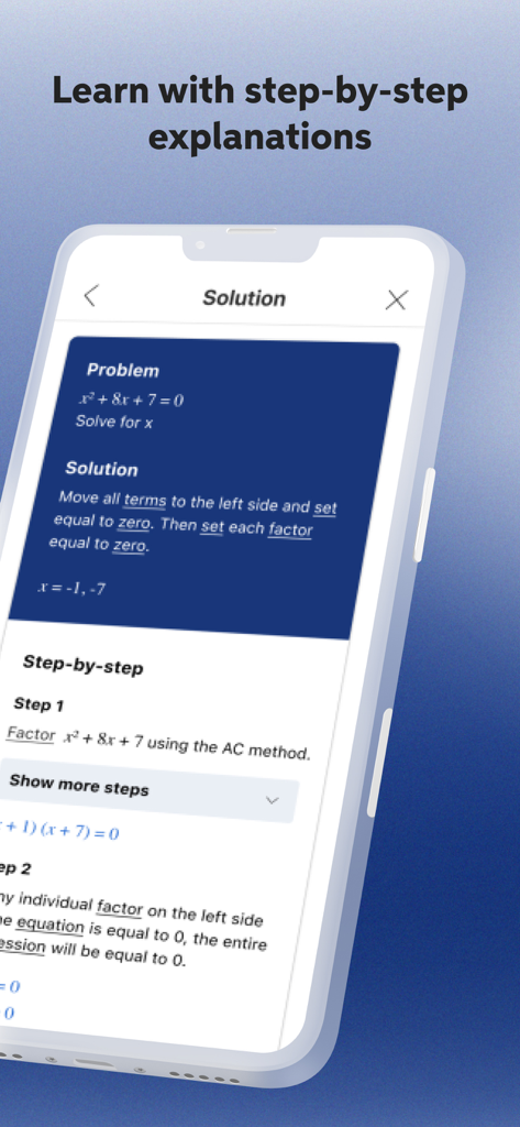 Mathwayアプリのインターフェースに、ステップバイステップの数学問題の解説が表示されている様子