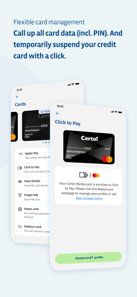 Interfaz de la App Cembra mostrando opciones de gestión de tarjetas de crédito e integración de billetera digital