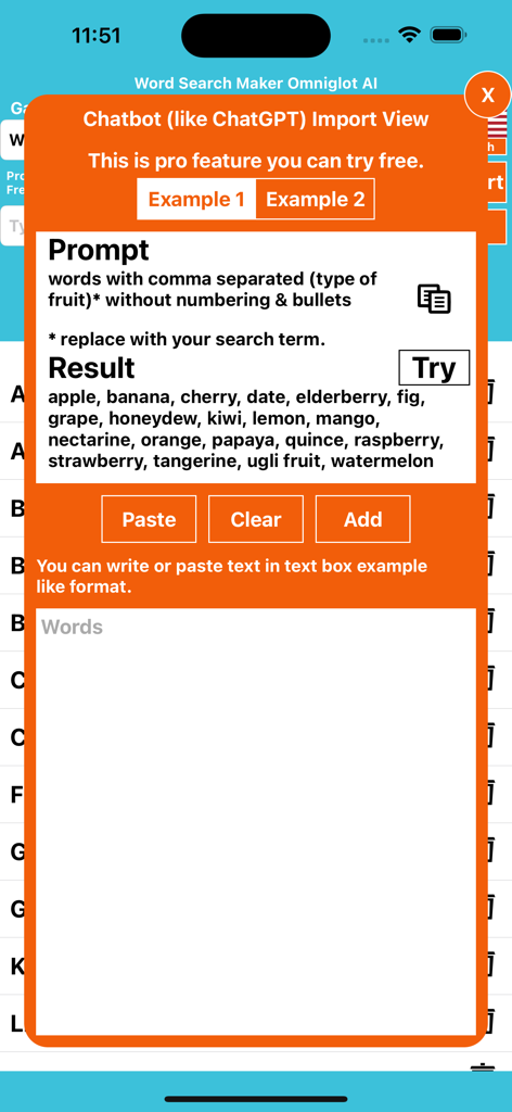 Interfaz para importar listas de palabras de chatbots de IA en Word Search Maker Omniglot