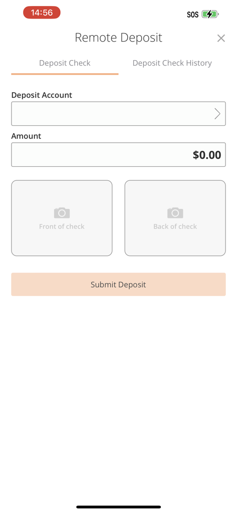 Oberfläche für die Fernscheckeinlage in der FMFCU Mobile App, die Optionen zur Erfassung der Vorder- und Rückseite eines Schecks anzeigt.